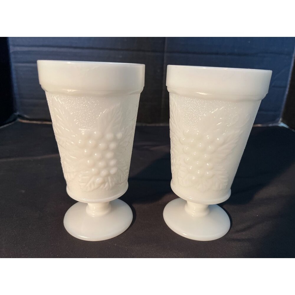 Anchor Hocking Milk Glass Pedestal Tumblers. Set of 2 Embossed Grapes & Leaves